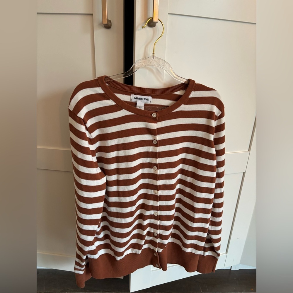 Lands' End Striped Cotton Cardigan Sweater Brown and White Size Laege